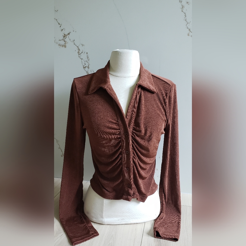 Rue21 Button Front Shirt Womens M Brown Sparkly Collard Long Sleeve Y2K Sexy Top